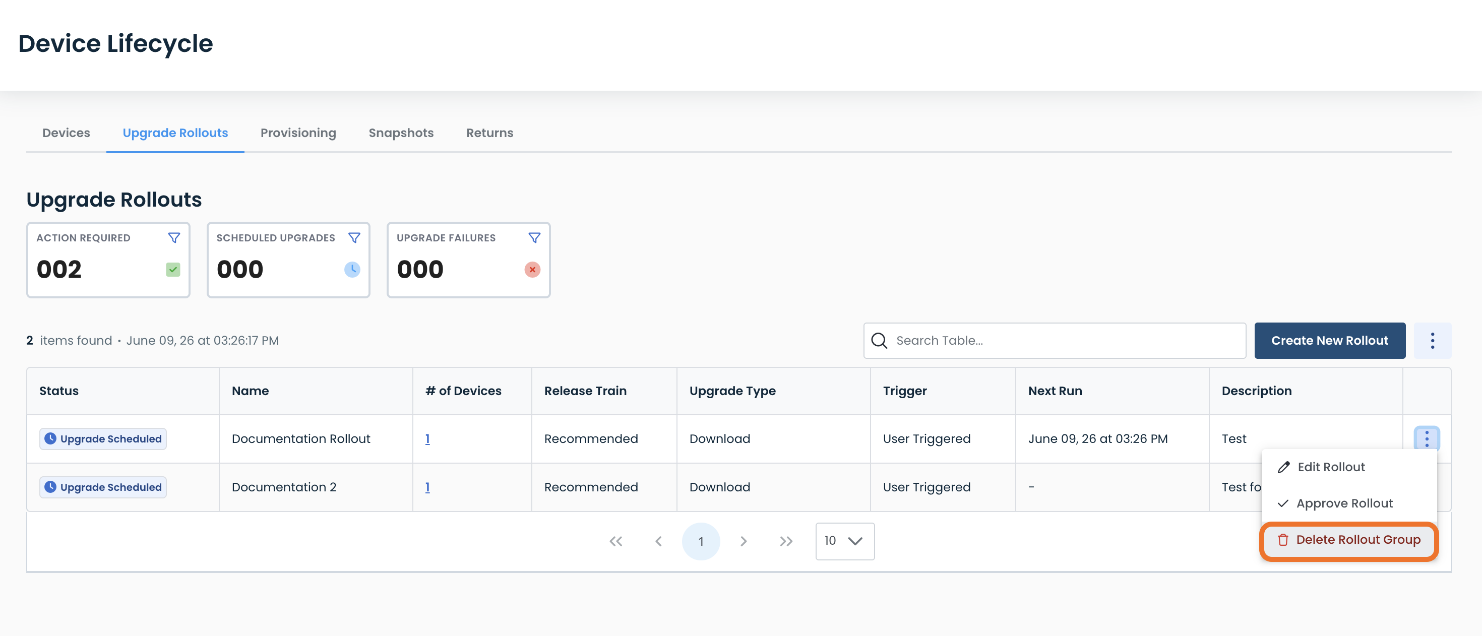 Overview of device upgrade rollouts with action required and scheduled upgrades displayed.